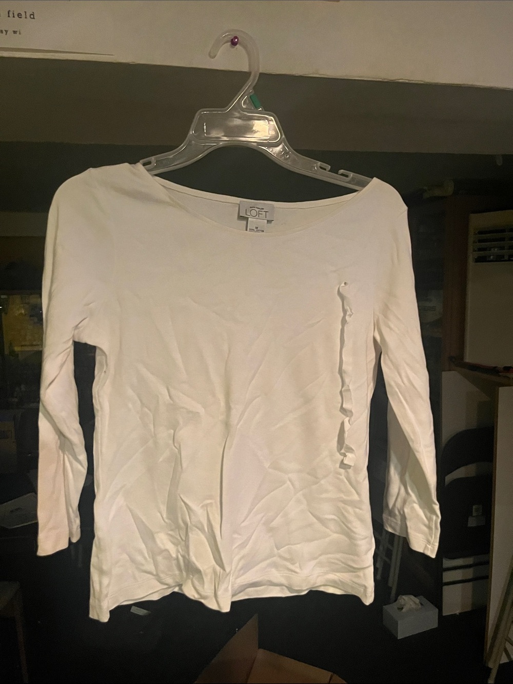 LOFT Medium White Boatneck Long-Sleeve Top with Side Ruffle